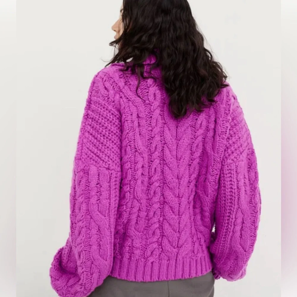 For Love And Lemons Andi Zip Neck Cable Knit Quarter Zip Sweater, Fuchsia, XL